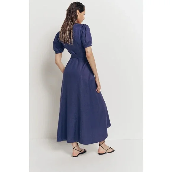 NWT Reformation Weiss Linen Wrap Midi Dress Danube Blue Women's Size XL - Picture 4 of 11